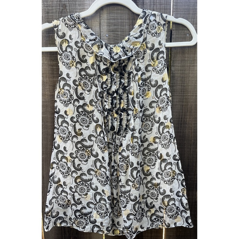 Elie Tahari 100% Silk Ruffle Top Floral Blk Gold Sz Med Women Sleeveless Chiffon